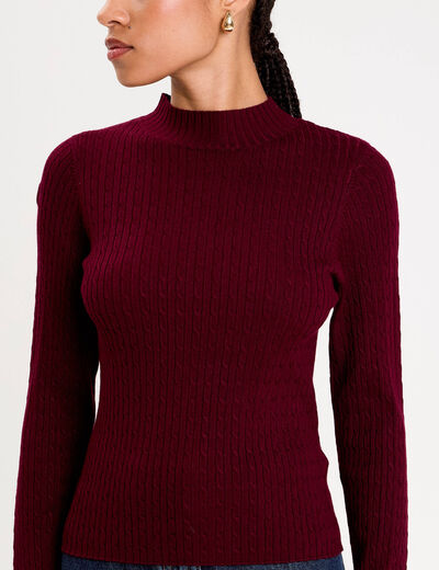Pull col montant torsades bordeaux femme