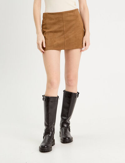 Jupe-short évasée suédine marron femme