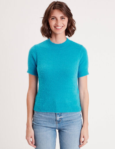 Pull manches courtes bleu femme