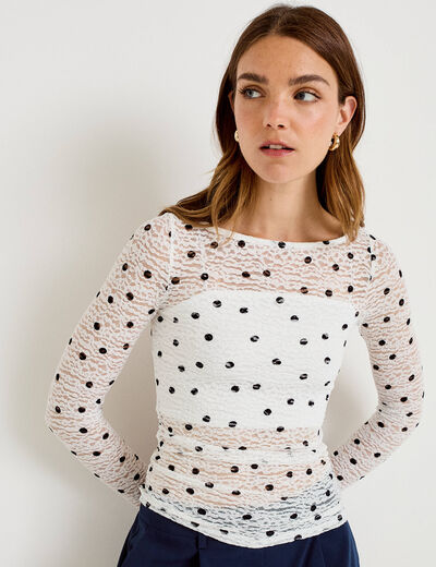 Top dentelle pliss&eacute; col bateau blanc femme