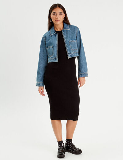 Robe longue moulante côtelée noir femme