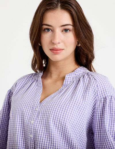 Blouse vichy brod&eacute;e violet femme