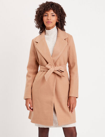 Manteau droit ceinturé camel femme