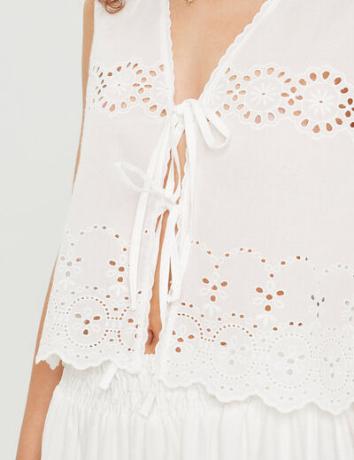 Blouse sans manches brodée blanc femme