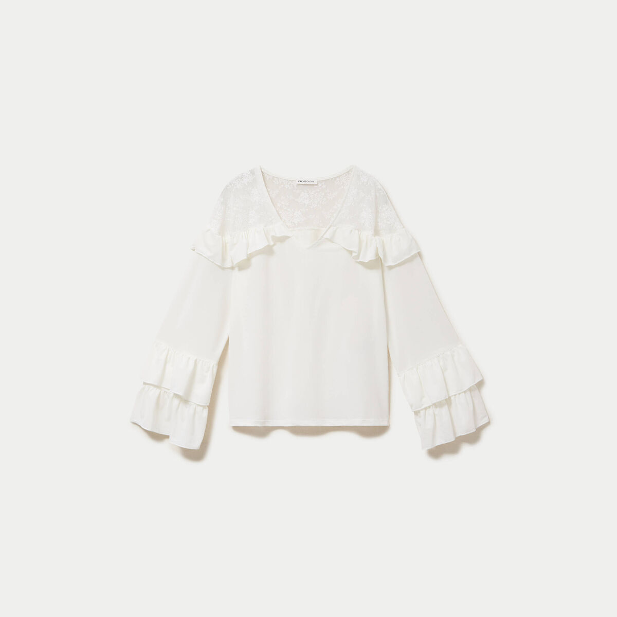 Blouse col v manches longues dentelle ecru femme