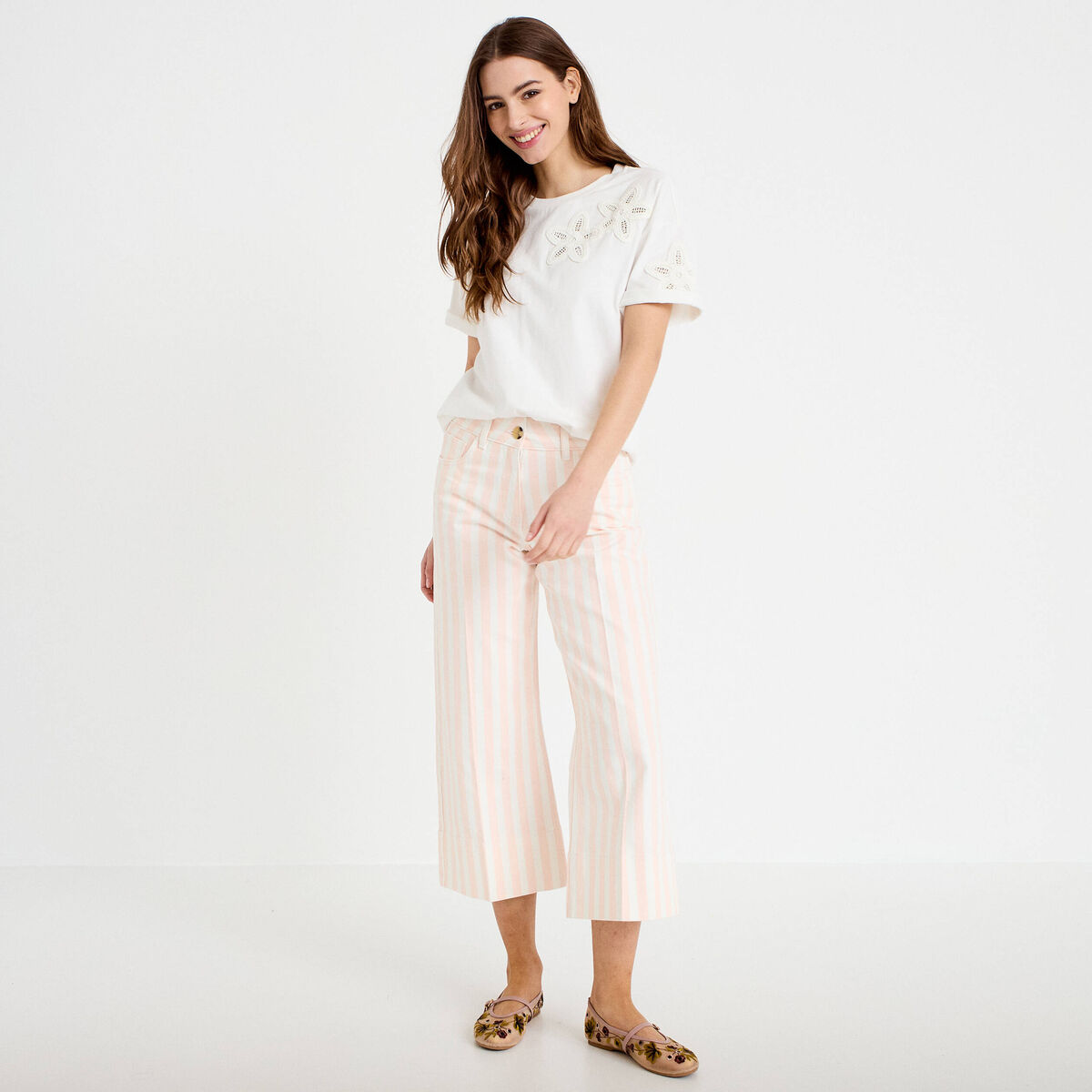 Jean wide leg cropped taille haute blanc femme