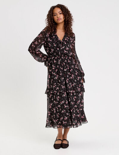 Robe longue évasée volants noir femme