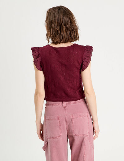 T-shirt manches volants prune femme