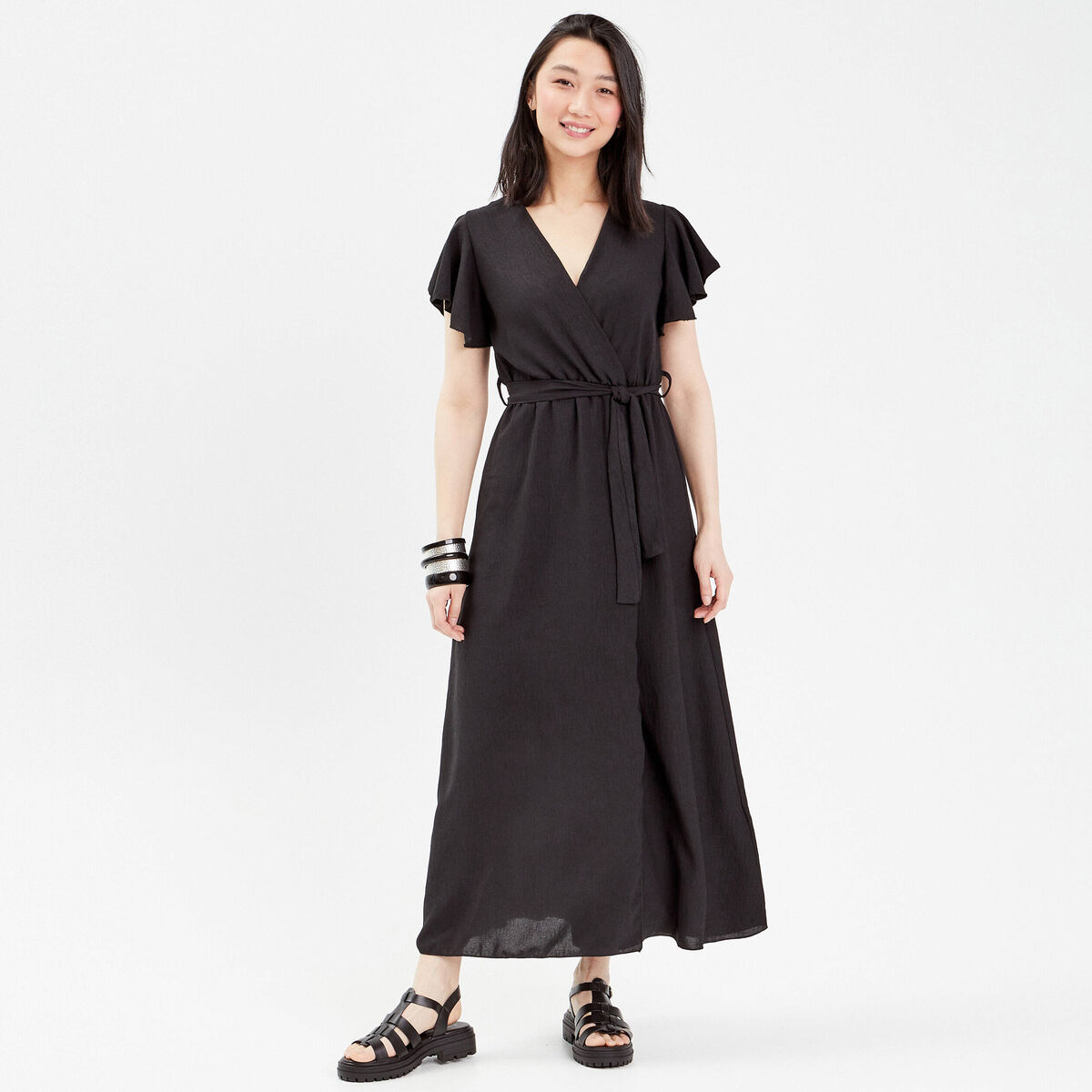 Robe longue évasée cache-coeur noir femme