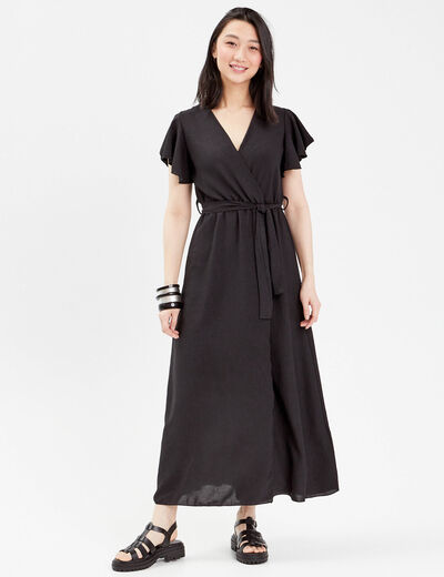 Robe longue évasée cache-coeur noir femme
