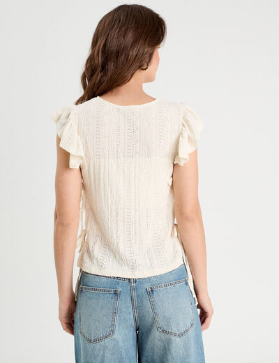 T-shirt brodé avec volants ecru femme