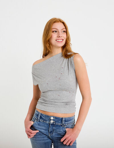 Top ajust&eacute; sans manches col bateau gris clair femme