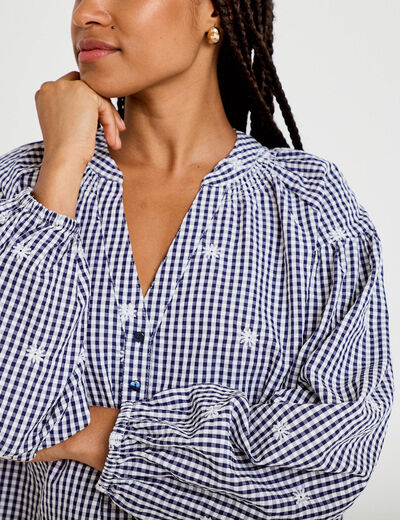 Blouse vichy brod&eacute;e bleu femme