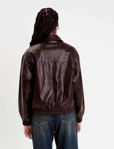 Bomber oversize similicuir col chemise marron foncé femme