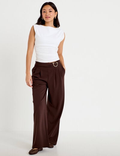 Pantalon large avec ceinture &agrave; bijou marron fonc&eacute; femme