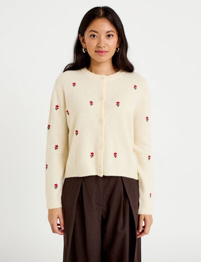 Gilet manches longues broderies col rond beige femme