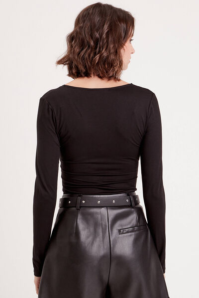 T-shirt thermique col en V noir femme