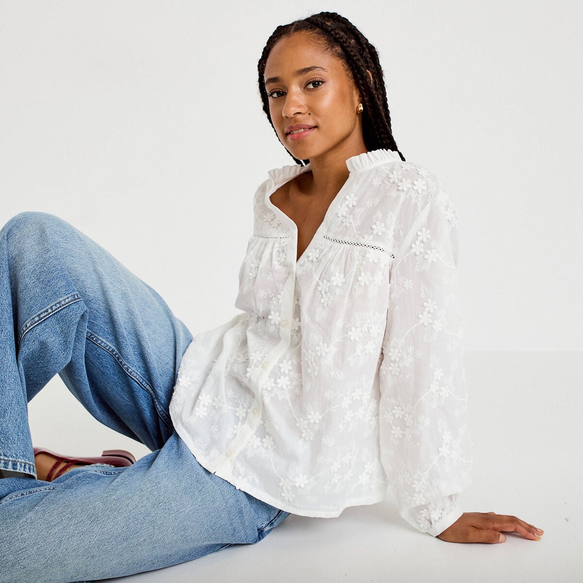Blouse droite col rond manches longues ecru femme