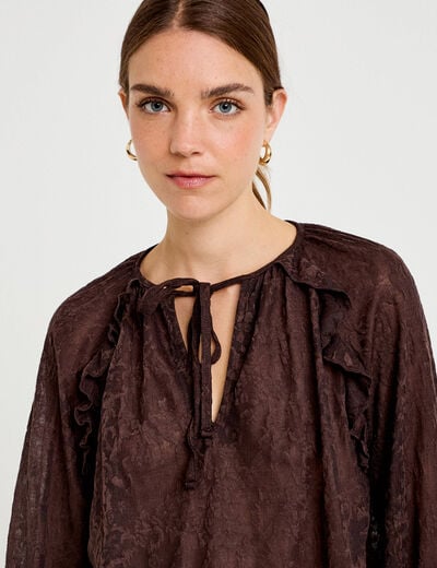 Blouse droite manches longues col rond marron fonc&eacute; femme