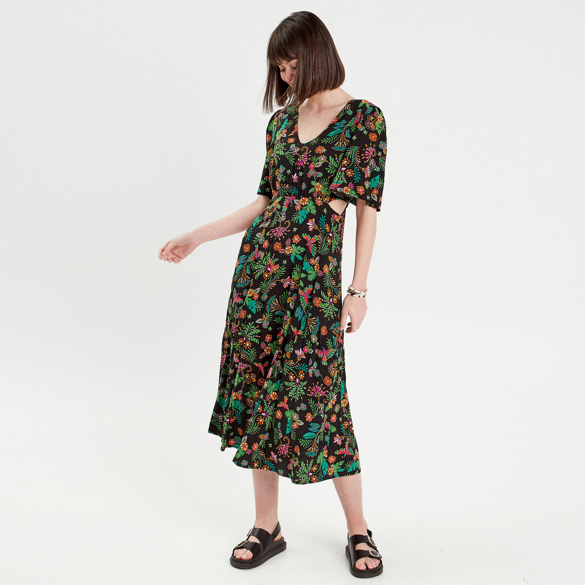 Robe longue évasée ouvertures noir femme