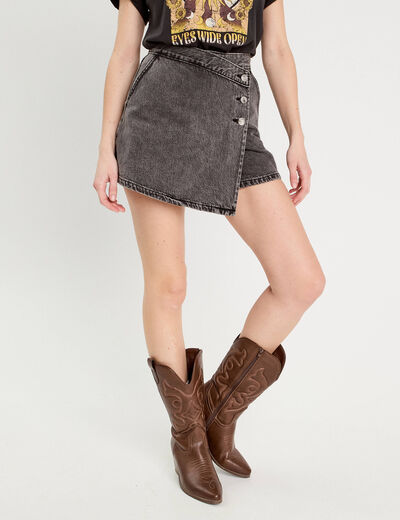 Jupe-short droite en jean denim noir femme