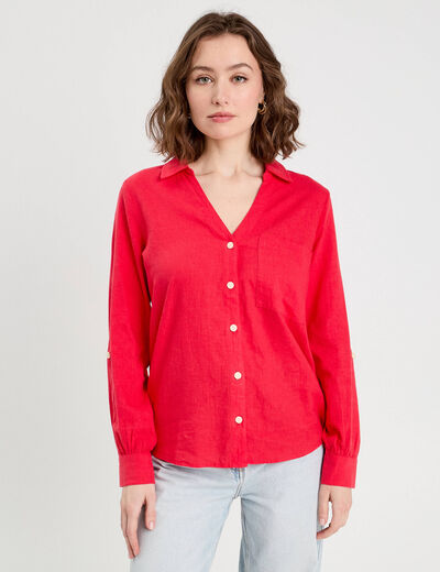 Chemise manches longues contenant du lin rouge femme