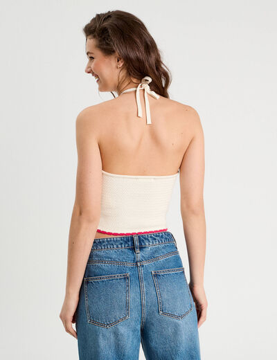 Crop top tricot brodé ecru femme