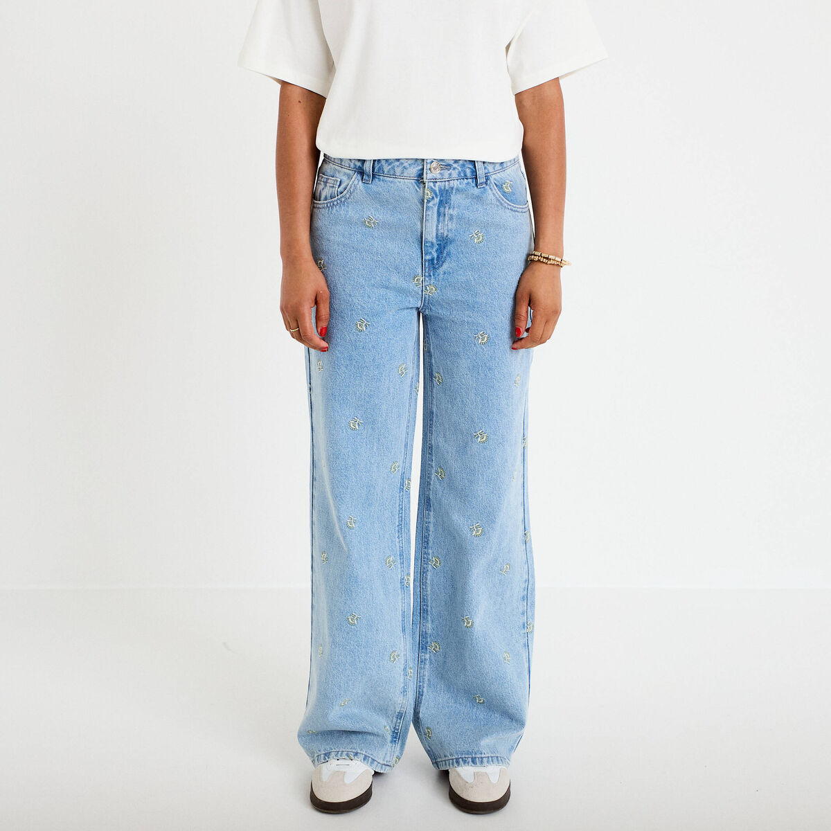 Jean wide leg broderie taille haute bleu femme
