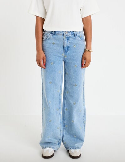 Jean wide leg broderie taille haute bleu femme