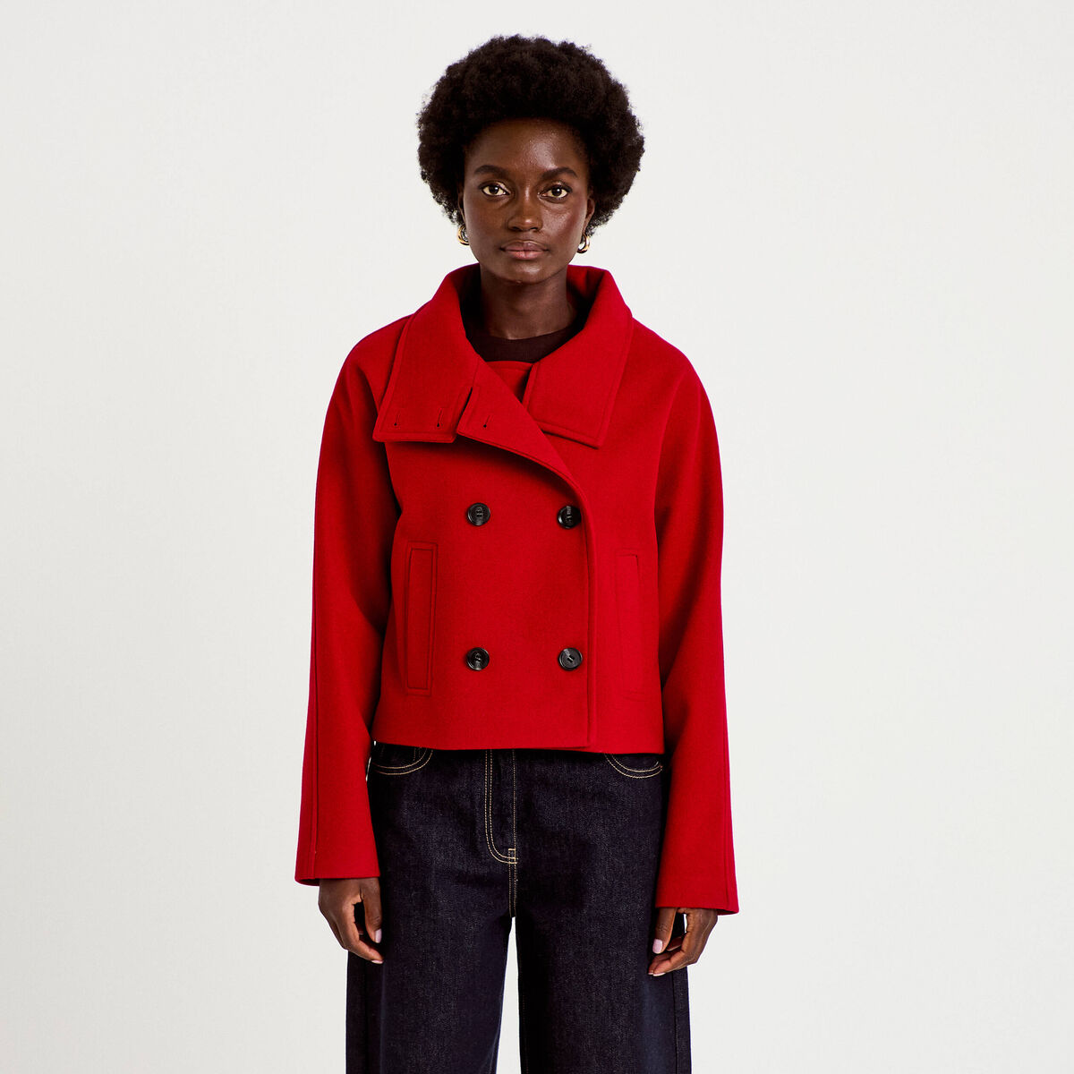 Veste chin&eacute;e col montant manches longues rouge femme