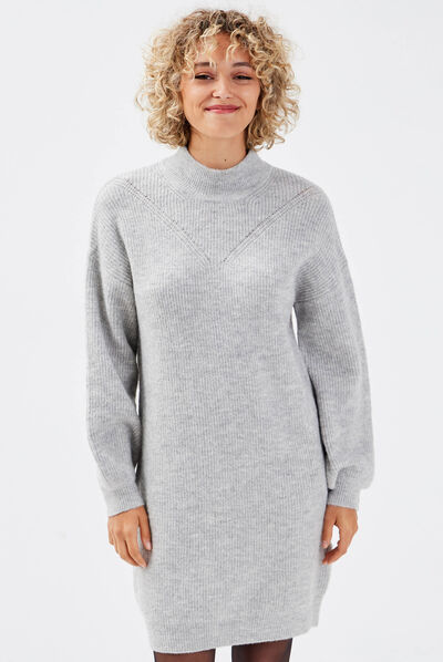 Robe pull droite col montant gris clair femme