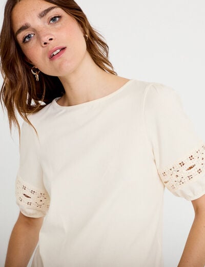 T-shirt col rond manches courtes ecru femme