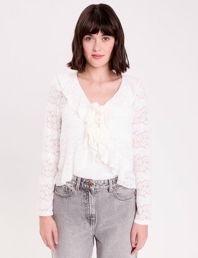 Gilet cintr&eacute; ajour&eacute; manches longues ecru femme