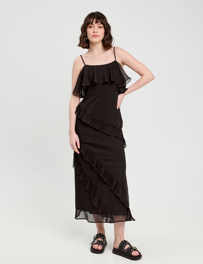 Robe longue droite volants noir femme