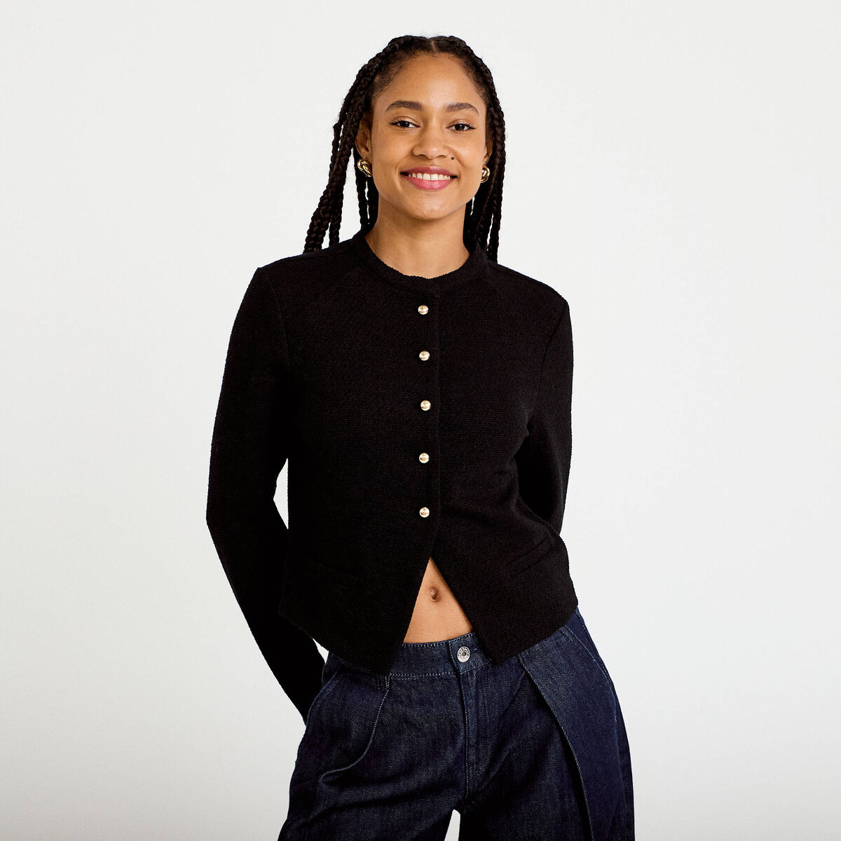Gilet tweed droit cropped col rond noir femme