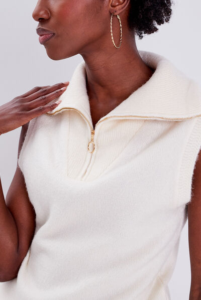 Pull débardeur avec col zippé ecru femme