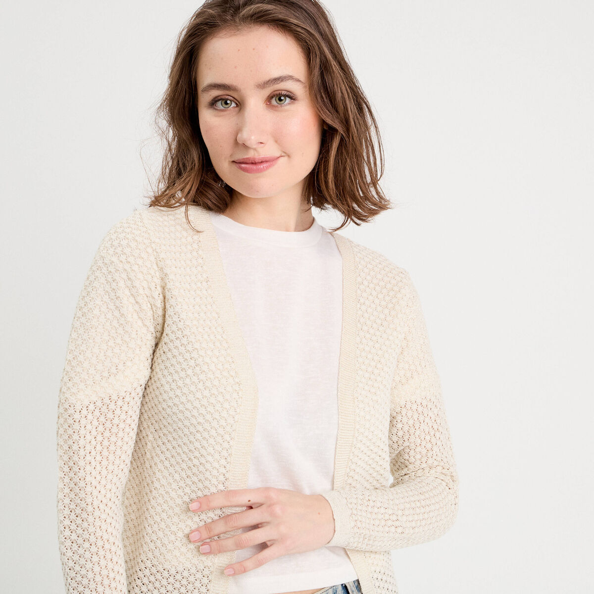 Gilet manches longues ajour&eacute; ecru femme