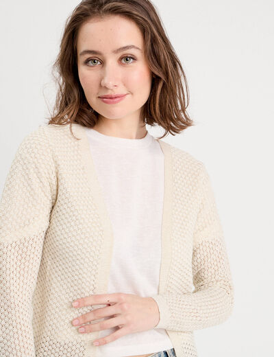 Gilet manches longues ajour&eacute; ecru femme