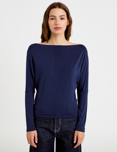 T-shirt col bateau manches longues bleu marine femme