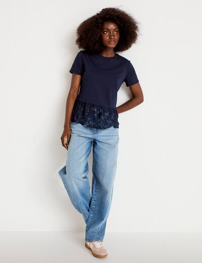 T-shirt manches courtes en dentelle bleu marine femme