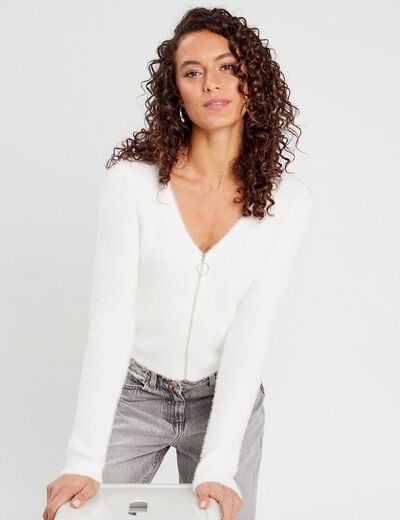 Gilet zippé mailles duveteuses ecru femme