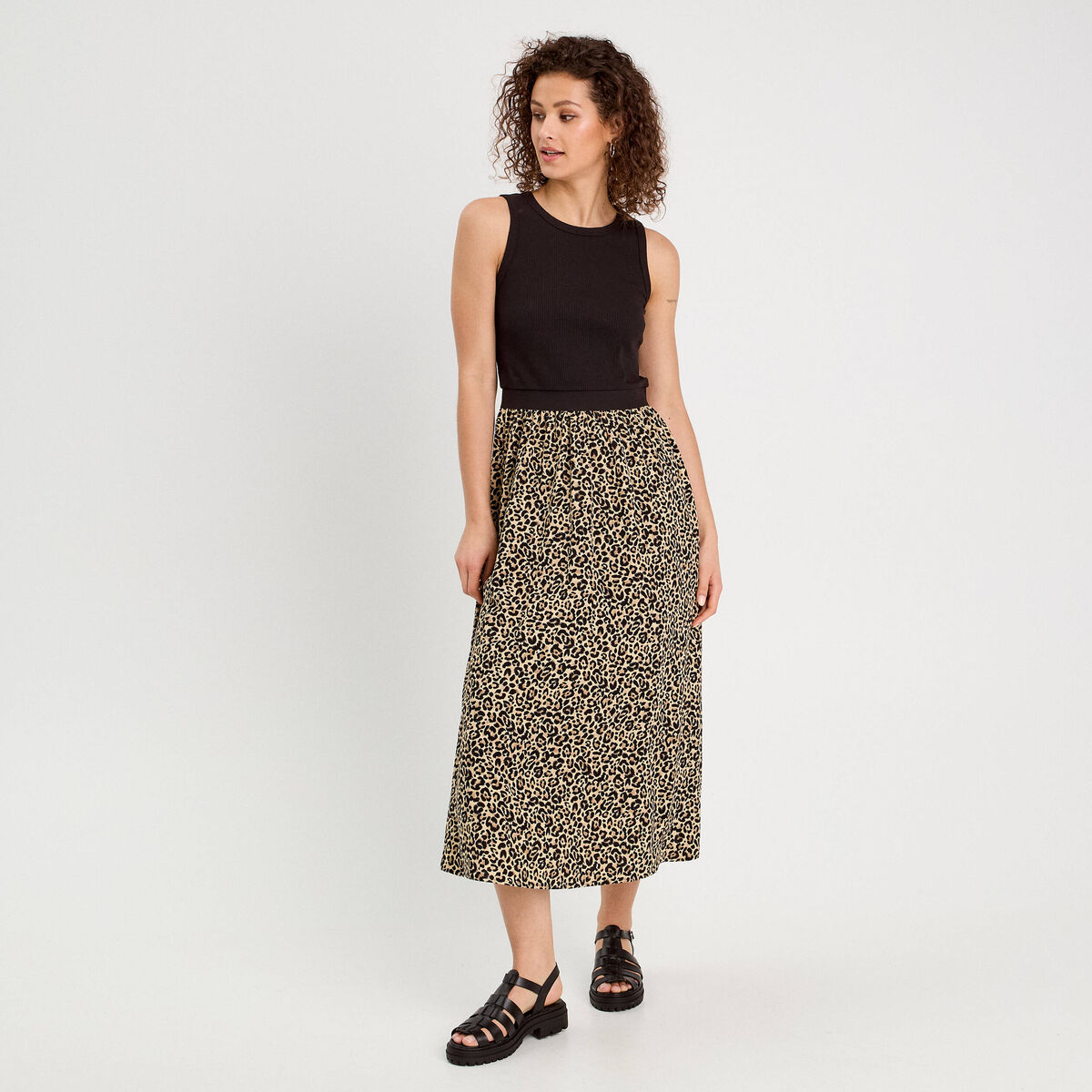 Robe longue effet 2-en1 beige femme