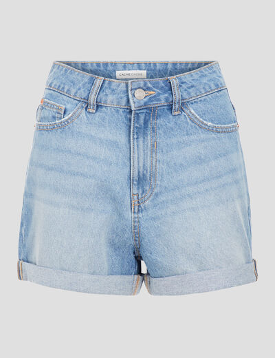 Short mom taille haute en jean denim double stone femme