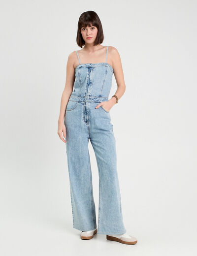 Combinaison pantalon en jean denim bleach femme