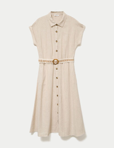 Robe &eacute;vas&eacute;e 3/4 col chemise ceinture beige femme