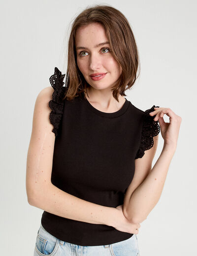 Débardeur volants brodés noir femme
