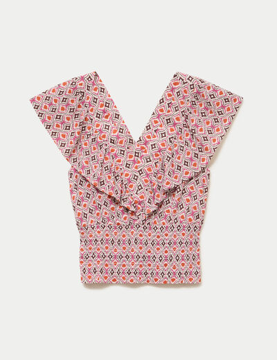 Blouse cintr&eacute;e cropped sans manches blanc femme