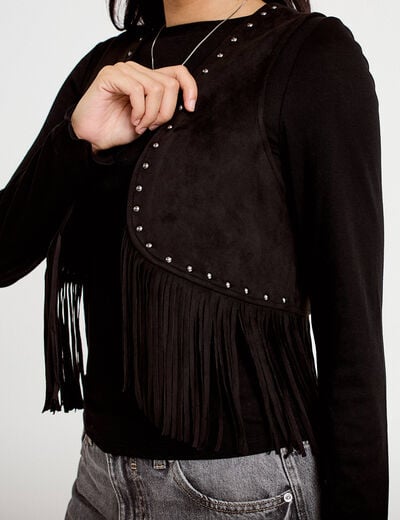 Gilet droit sans manches aspect daim noir femme