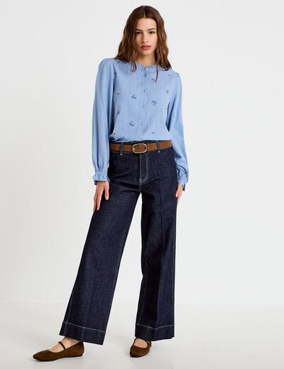 Blouse droite courte col v broderie bleu femme