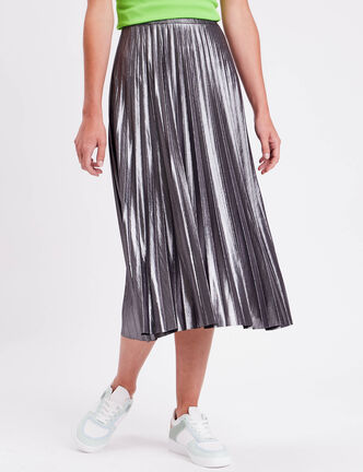 Jupe midi évasée plissée gris argent femme